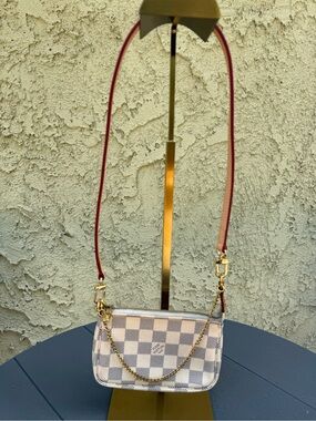 Louis Vuitton Mini Pochette Accessories in Damier Azur canvas w/LV chain & Strap